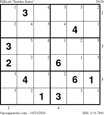 The grouppuzzles.com Difficult Sudoku-Junior puzzle for Monday October 21, 2024 with all 5 steps marked