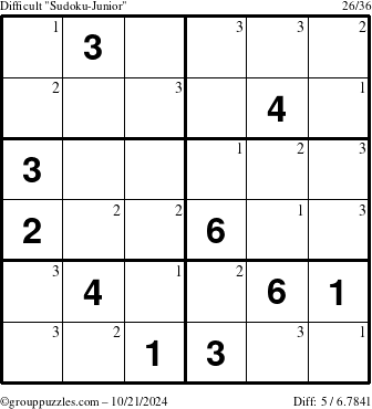 The grouppuzzles.com Difficult Sudoku-Junior puzzle for Monday October 21, 2024 with the first 3 steps marked