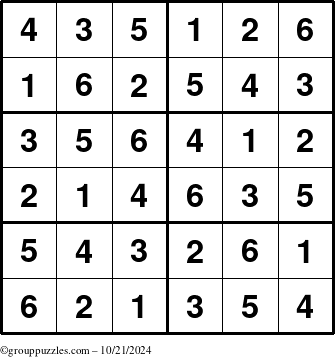 The grouppuzzles.com Answer grid for the Sudoku-Junior puzzle for Monday October 21, 2024