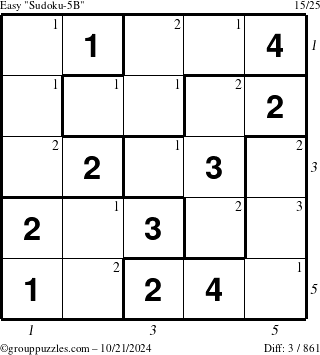 The grouppuzzles.com Easy Sudoku-5B puzzle for Monday October 21, 2024 with all 3 steps marked