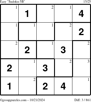 The grouppuzzles.com Easy Sudoku-5B puzzle for Monday October 21, 2024 with the first 3 steps marked