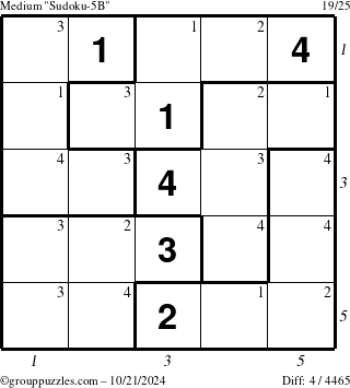 The grouppuzzles.com Medium Sudoku-5B puzzle for Monday October 21, 2024 with all 4 steps marked