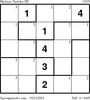 The grouppuzzles.com Medium Sudoku-5B puzzle for Monday October 21, 2024 with the first 3 steps marked