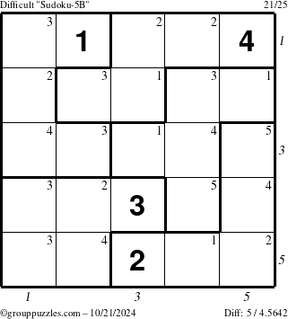 The grouppuzzles.com Difficult Sudoku-5B puzzle for Monday October 21, 2024 with all 5 steps marked