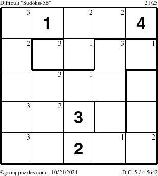 The grouppuzzles.com Difficult Sudoku-5B puzzle for Monday October 21, 2024 with the first 3 steps marked