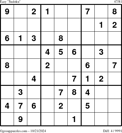 The grouppuzzles.com Easy Sudoku puzzle for Monday October 21, 2024