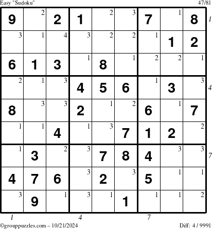 The grouppuzzles.com Easy Sudoku puzzle for Monday October 21, 2024 with all 4 steps marked