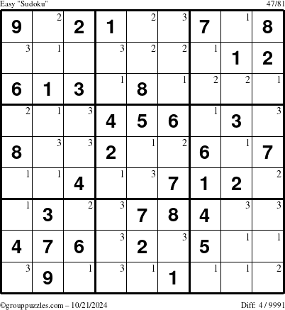 The grouppuzzles.com Easy Sudoku puzzle for Monday October 21, 2024 with the first 3 steps marked