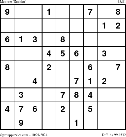 The grouppuzzles.com Medium Sudoku puzzle for Monday October 21, 2024