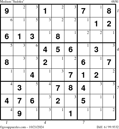 The grouppuzzles.com Medium Sudoku puzzle for Monday October 21, 2024 with all 6 steps marked