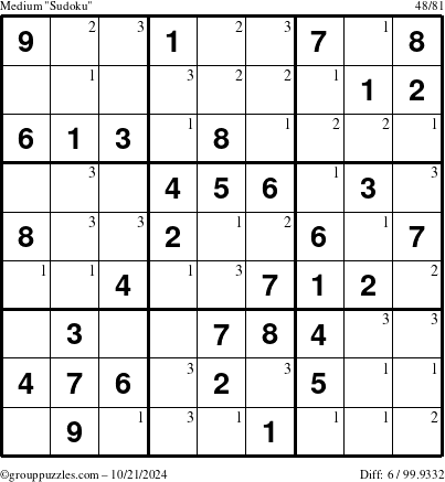 The grouppuzzles.com Medium Sudoku puzzle for Monday October 21, 2024 with the first 3 steps marked