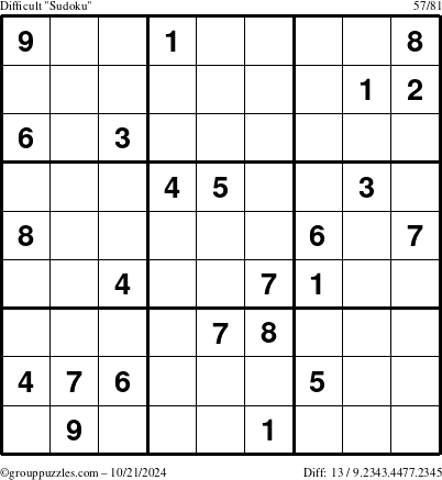 The grouppuzzles.com Difficult Sudoku puzzle for Monday October 21, 2024