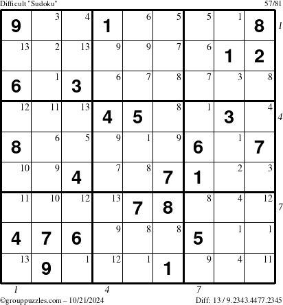 The grouppuzzles.com Difficult Sudoku puzzle for Monday October 21, 2024 with all 13 steps marked