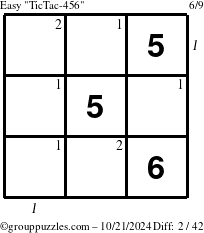 The grouppuzzles.com Easy TicTac-456 puzzle for Monday October 21, 2024 with all 2 steps marked