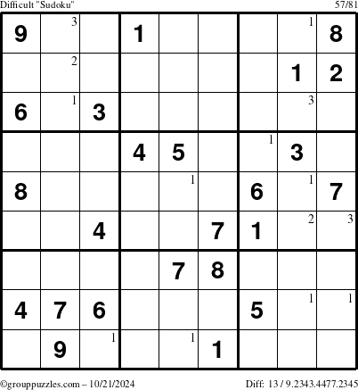 The grouppuzzles.com Difficult Sudoku puzzle for Monday October 21, 2024 with the first 3 steps marked