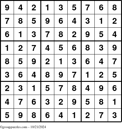 The grouppuzzles.com Answer grid for the Sudoku puzzle for Monday October 21, 2024