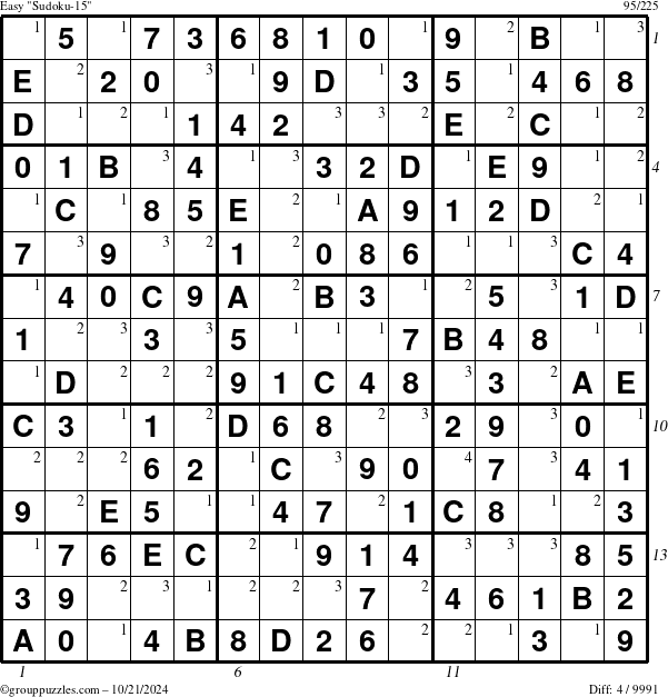 The grouppuzzles.com Easy Sudoku-15 puzzle for Monday October 21, 2024 with all 4 steps marked