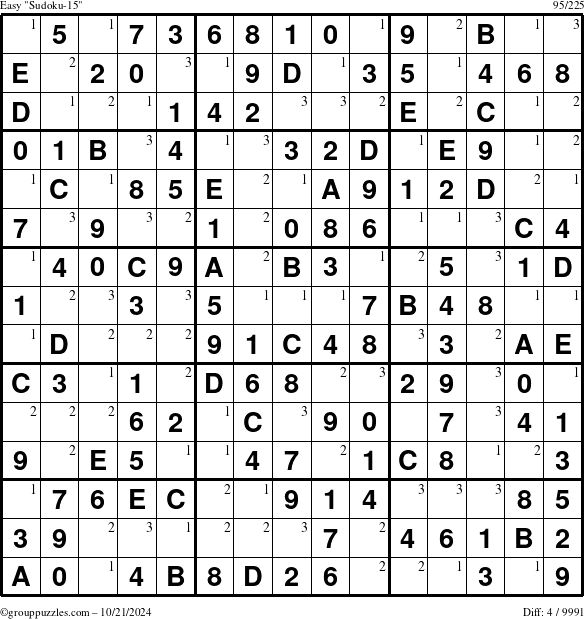 The grouppuzzles.com Easy Sudoku-15 puzzle for Monday October 21, 2024 with the first 3 steps marked