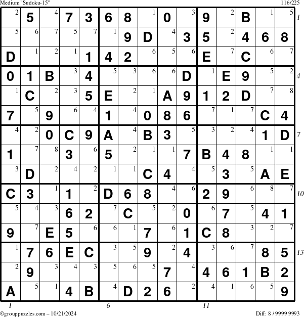 The grouppuzzles.com Medium Sudoku-15 puzzle for Monday October 21, 2024 with all 8 steps marked