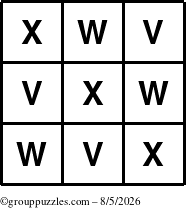 The grouppuzzles.com Answer grid for the TicTac-VWX puzzle for Wednesday August 5, 2026