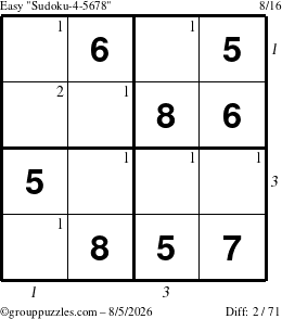 The grouppuzzles.com Easy Sudoku-4-5678 puzzle for Wednesday August 5, 2026, suitable for printing, with all 2 steps marked