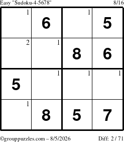 The grouppuzzles.com Easy Sudoku-4-5678 puzzle for Wednesday August 5, 2026 with the first 2 steps marked