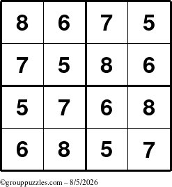 The grouppuzzles.com Answer grid for the Sudoku-4-5678 puzzle for Wednesday August 5, 2026