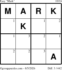 The grouppuzzles.com Easy Mark puzzle for Wednesday August 5, 2026 with the first 3 steps marked