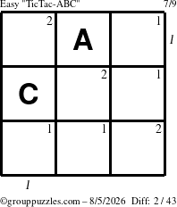 The grouppuzzles.com Easy TicTac-ABC puzzle for Wednesday August 5, 2026 with all 2 steps marked