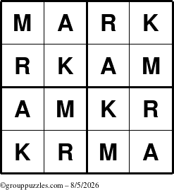 The grouppuzzles.com Answer grid for the Mark puzzle for Wednesday August 5, 2026