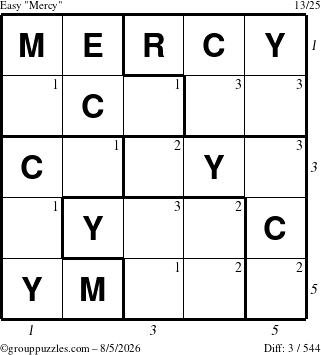 The grouppuzzles.com Easy Mercy puzzle for Wednesday August 5, 2026, suitable for printing, with all 3 steps marked