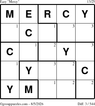 The grouppuzzles.com Easy Mercy puzzle for Wednesday August 5, 2026 with the first 3 steps marked