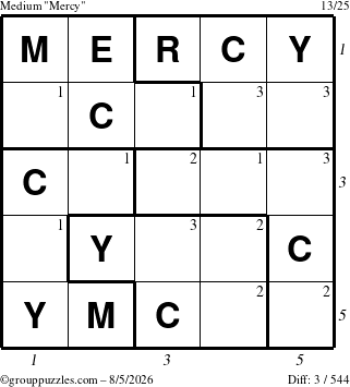 The grouppuzzles.com Medium Mercy puzzle for Wednesday August 5, 2026, suitable for printing, with all 3 steps marked