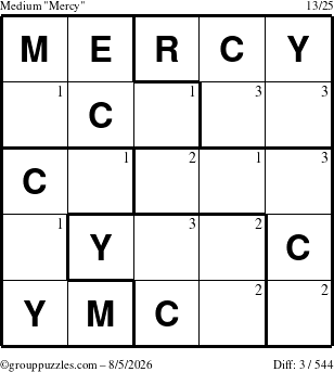 The grouppuzzles.com Medium Mercy puzzle for Wednesday August 5, 2026 with the first 3 steps marked