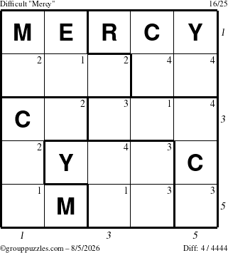 The grouppuzzles.com Difficult Mercy puzzle for Wednesday August 5, 2026 with all 4 steps marked