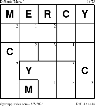 The grouppuzzles.com Difficult Mercy puzzle for Wednesday August 5, 2026 with the first 3 steps marked