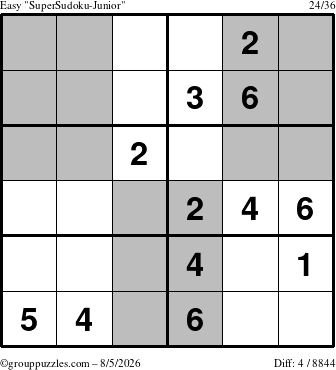 The grouppuzzles.com Easy SuperSudoku-Junior puzzle for Wednesday August 5, 2026