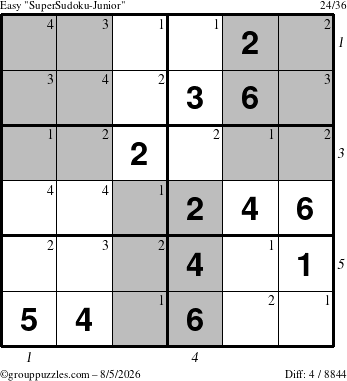 The grouppuzzles.com Easy SuperSudoku-Junior puzzle for Wednesday August 5, 2026, suitable for printing, with all 4 steps marked