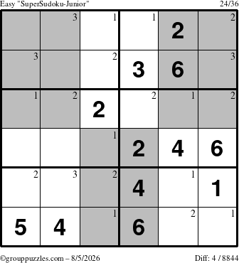 The grouppuzzles.com Easy SuperSudoku-Junior puzzle for Wednesday August 5, 2026 with the first 3 steps marked