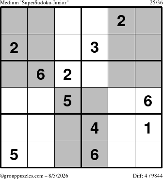 The grouppuzzles.com Medium SuperSudoku-Junior puzzle for Wednesday August 5, 2026