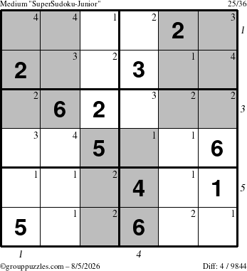 The grouppuzzles.com Medium SuperSudoku-Junior puzzle for Wednesday August 5, 2026 with all 4 steps marked