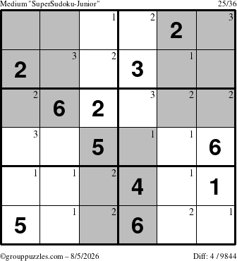 The grouppuzzles.com Medium SuperSudoku-Junior puzzle for Wednesday August 5, 2026 with the first 3 steps marked