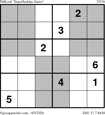 The grouppuzzles.com Difficult SuperSudoku-Junior puzzle for Wednesday August 5, 2026