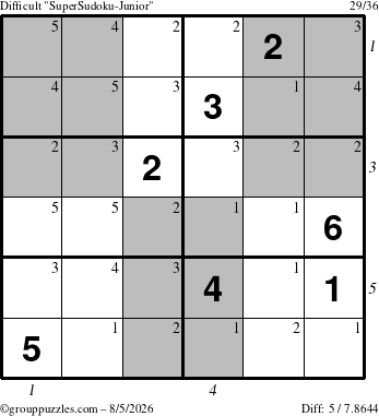 The grouppuzzles.com Difficult SuperSudoku-Junior puzzle for Wednesday August 5, 2026 with all 5 steps marked