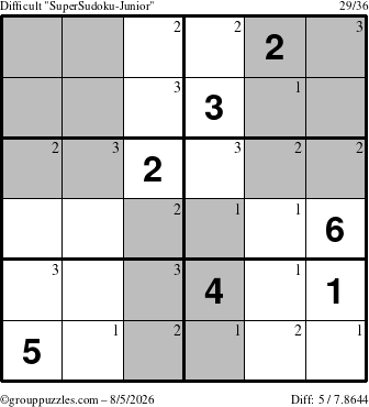 The grouppuzzles.com Difficult SuperSudoku-Junior puzzle for Wednesday August 5, 2026 with the first 3 steps marked