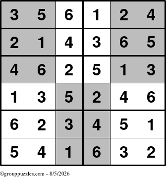 The grouppuzzles.com Answer grid for the SuperSudoku-Junior puzzle for Wednesday August 5, 2026