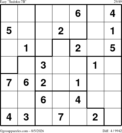 The grouppuzzles.com Easy Sudoku-7B puzzle for Wednesday August 5, 2026