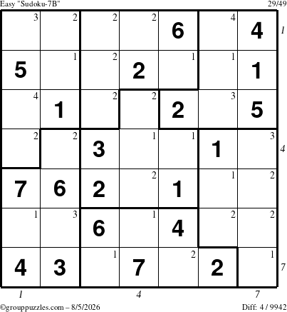 The grouppuzzles.com Easy Sudoku-7B puzzle for Wednesday August 5, 2026 with all 4 steps marked
