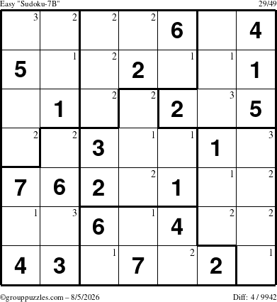 The grouppuzzles.com Easy Sudoku-7B puzzle for Wednesday August 5, 2026 with the first 3 steps marked