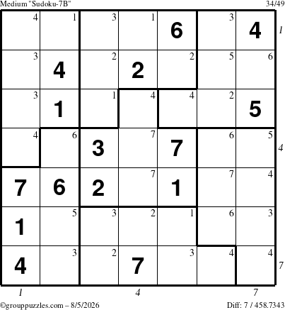 The grouppuzzles.com Medium Sudoku-7B puzzle for Wednesday August 5, 2026 with all 7 steps marked